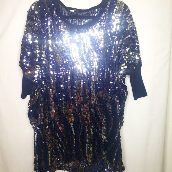 Joan Boyce Purple Blue & Silver Sequin Blouse Contrasting Knit Sleeve Size Large - Picture 1 of 6